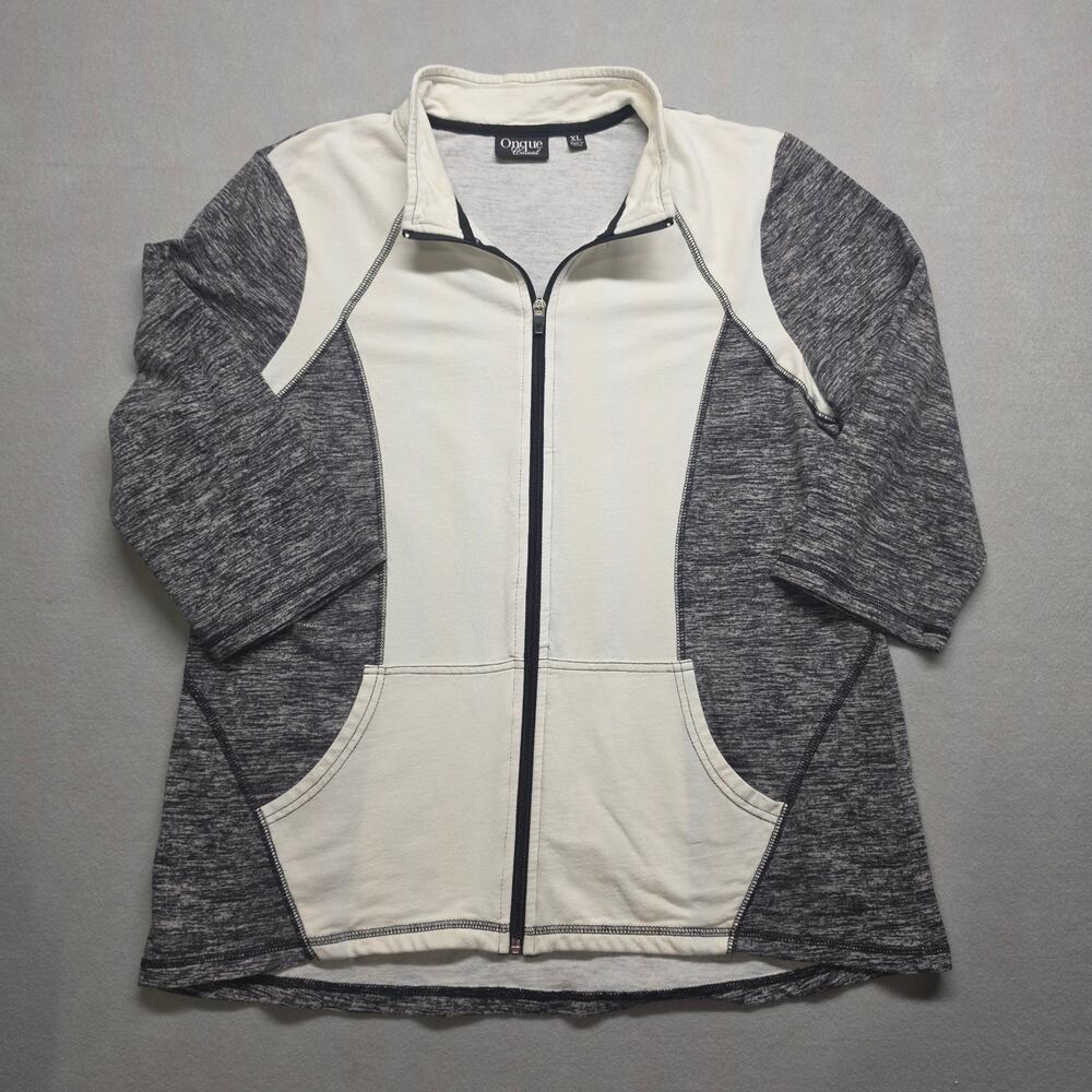 Onque Casual Colorblock 3/4 Sleeve Zip Front Top Jacket XL Gray White